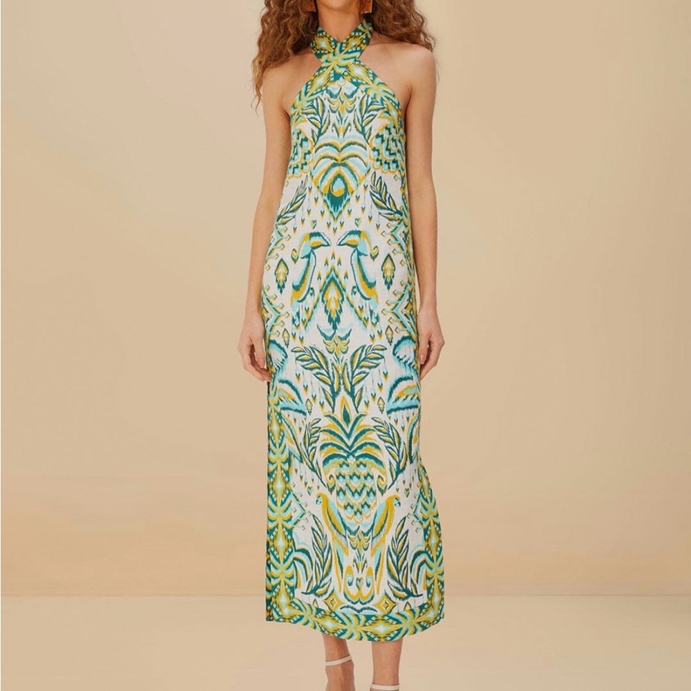 Off White Tropical Linen Halter Maxi Dress
